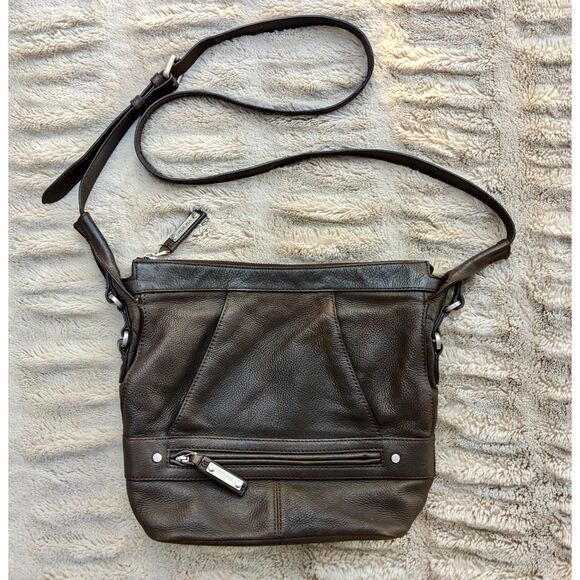 Vintage 90s/Y2K PERLINA New York Deep Brown Leather Leopard Lined Crossbody Bag - Picture 1 of 15
